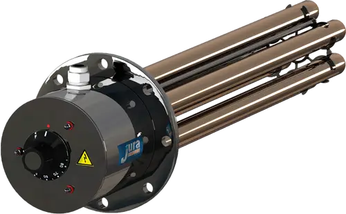 Edelstahl-Flanschheizung mit mehreren Heizstäben, ausgestattet mit Regler und Begrenzer. Produkt von Juratherm, geeignet für industrielle Anwendungen.